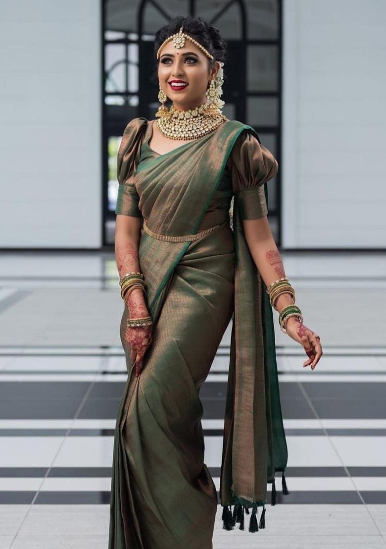 Mehndi Jacquard Work Silk Saree Set