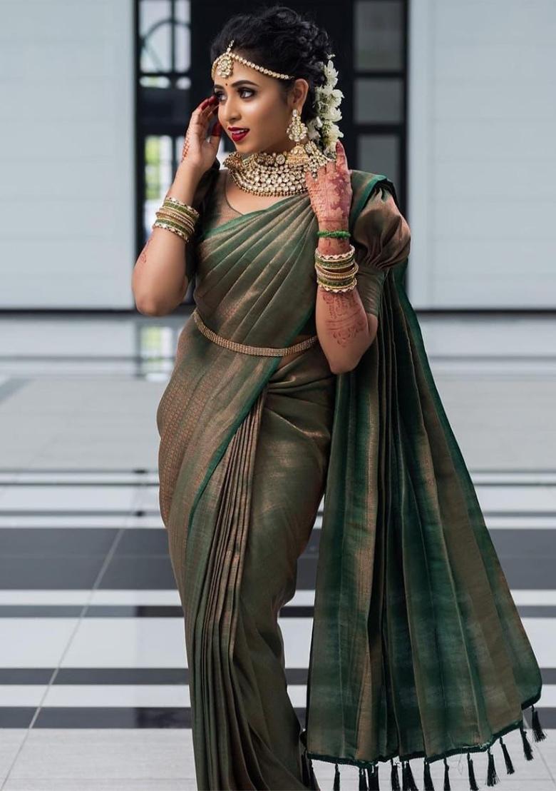 Mehndi Jacquard Work Silk Saree Set