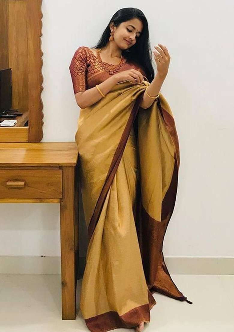 Golden Jacquard Work Silk Blend Saree Set for Diwali | Wedding & Festive Wear - Indya