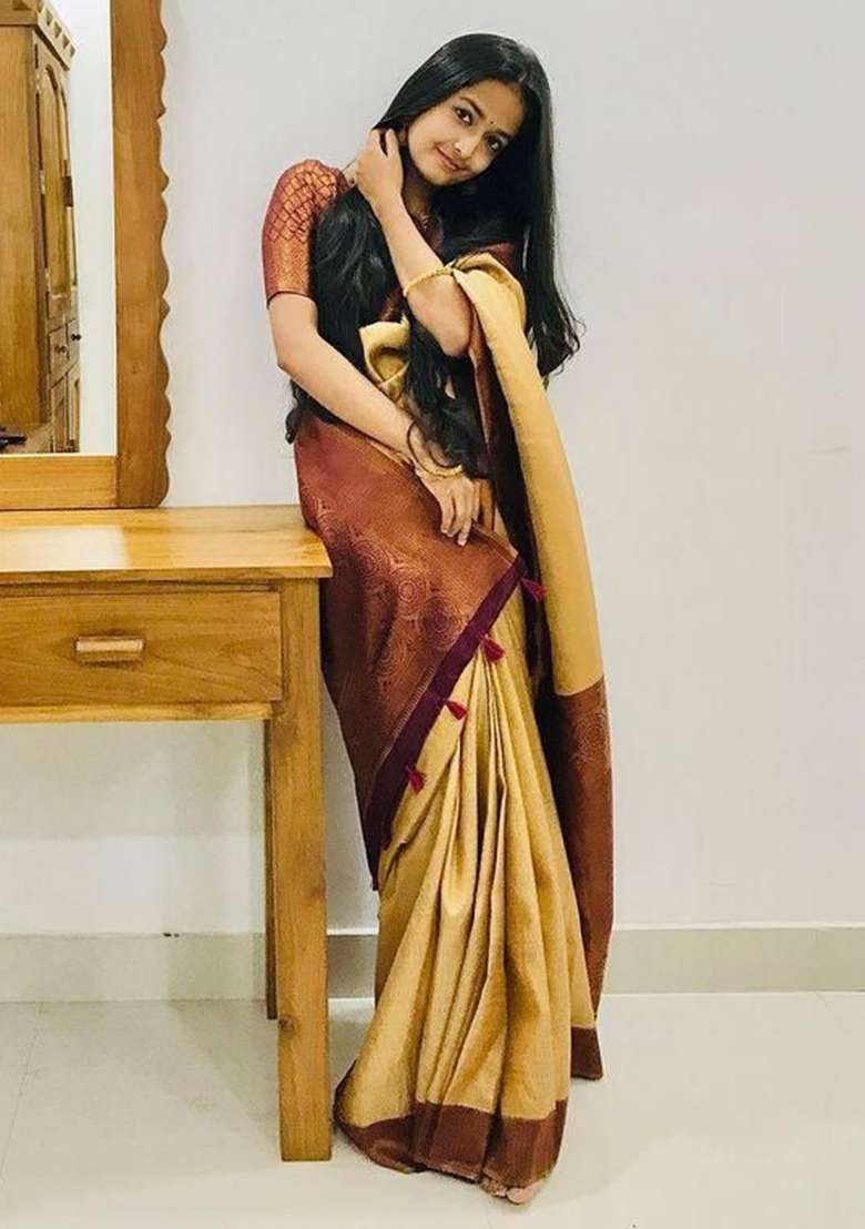 Golden Jacquard Work Silk Blend Saree Set for Diwali | Wedding & Festive Wear - Indya