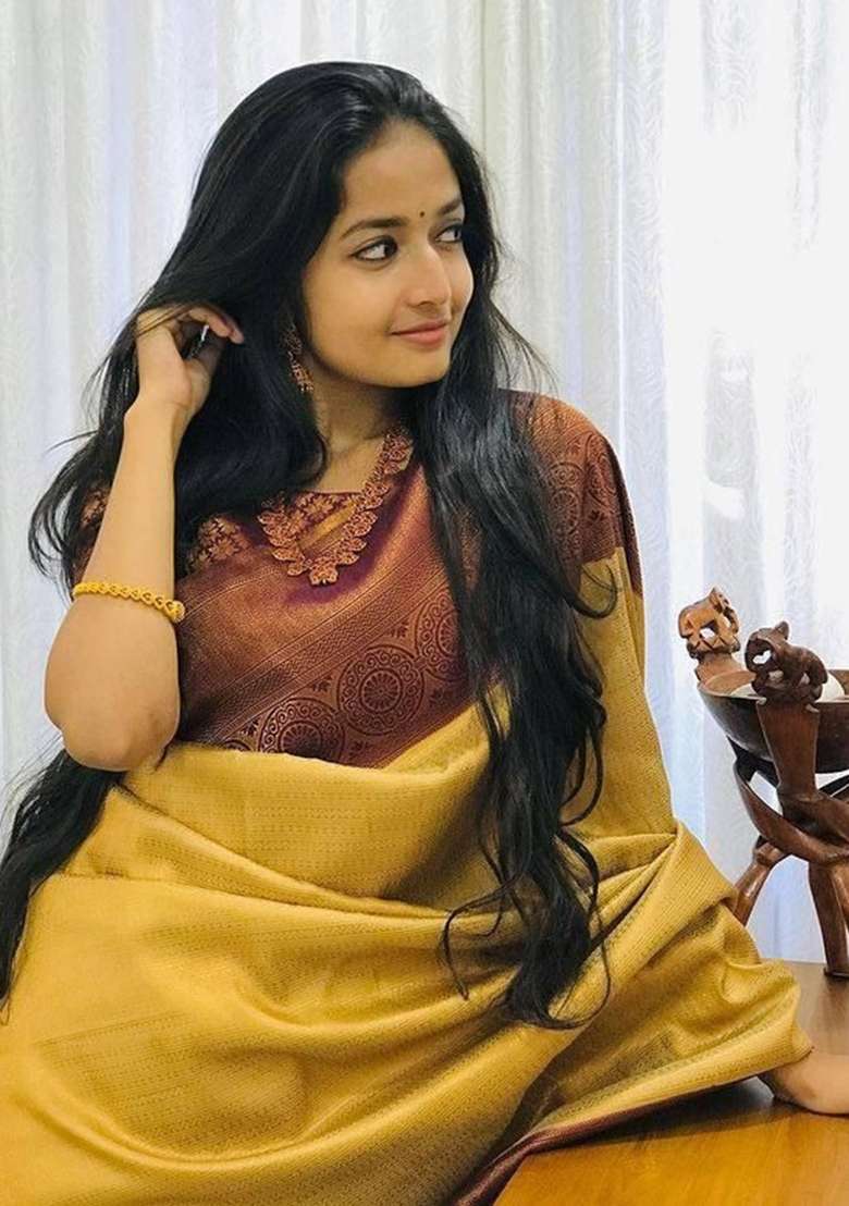 Golden Jacquard Work Silk Blend Saree Set for Diwali | Wedding & Festive Wear - Indya