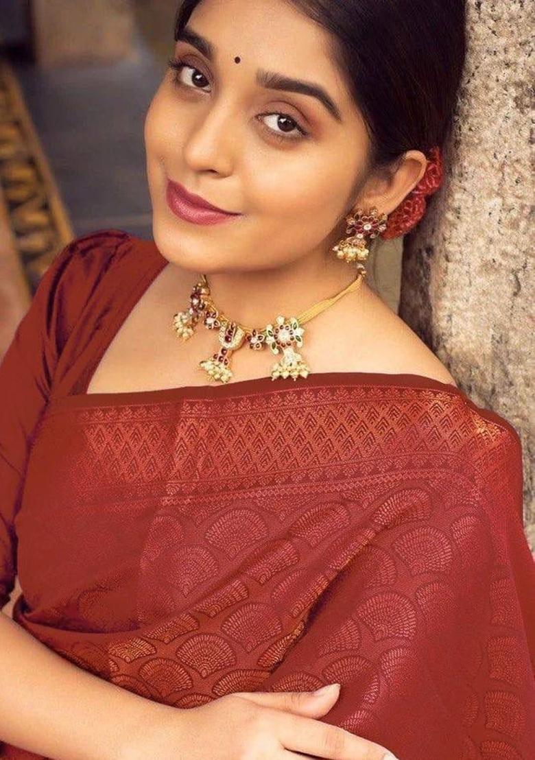 Maroon Jacquard Work Silk Saree Set