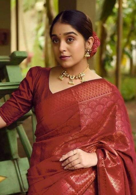 Maroon Jacquard Work Silk Saree Set