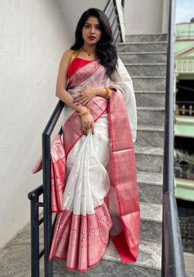 White Jacquard Work Silk Saree Set
