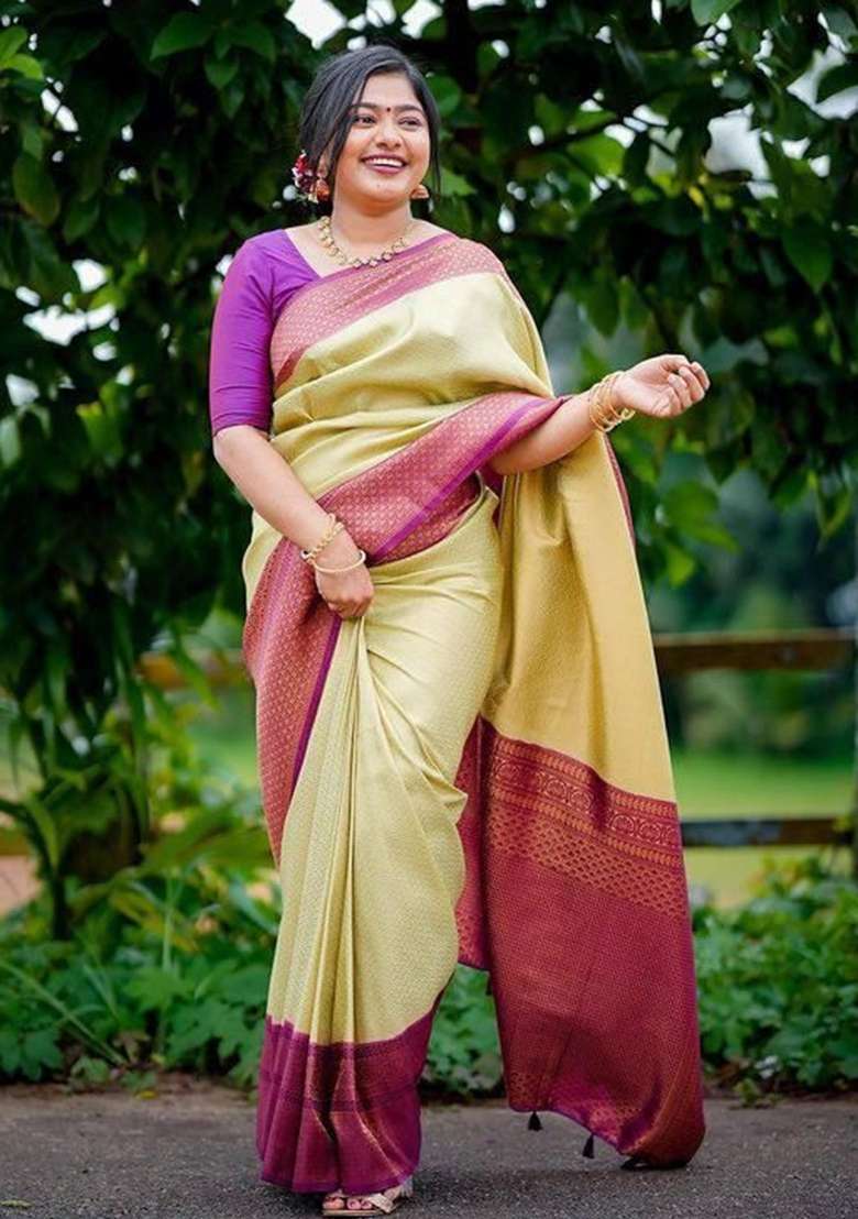 Golden Jacquard Work Silk Blend Saree Set for Diwali | Wedding & Festive Wear - Indya