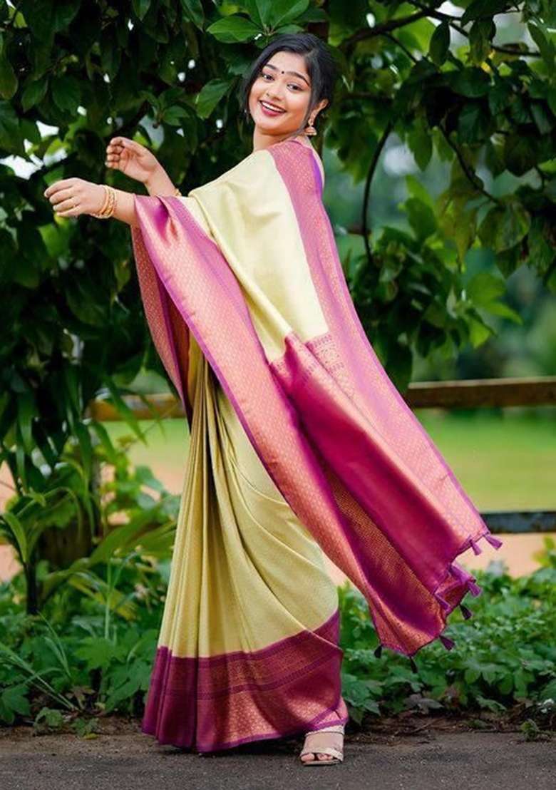 Golden Jacquard Work Silk Blend Saree Set for Diwali | Wedding & Festive Wear - Indya