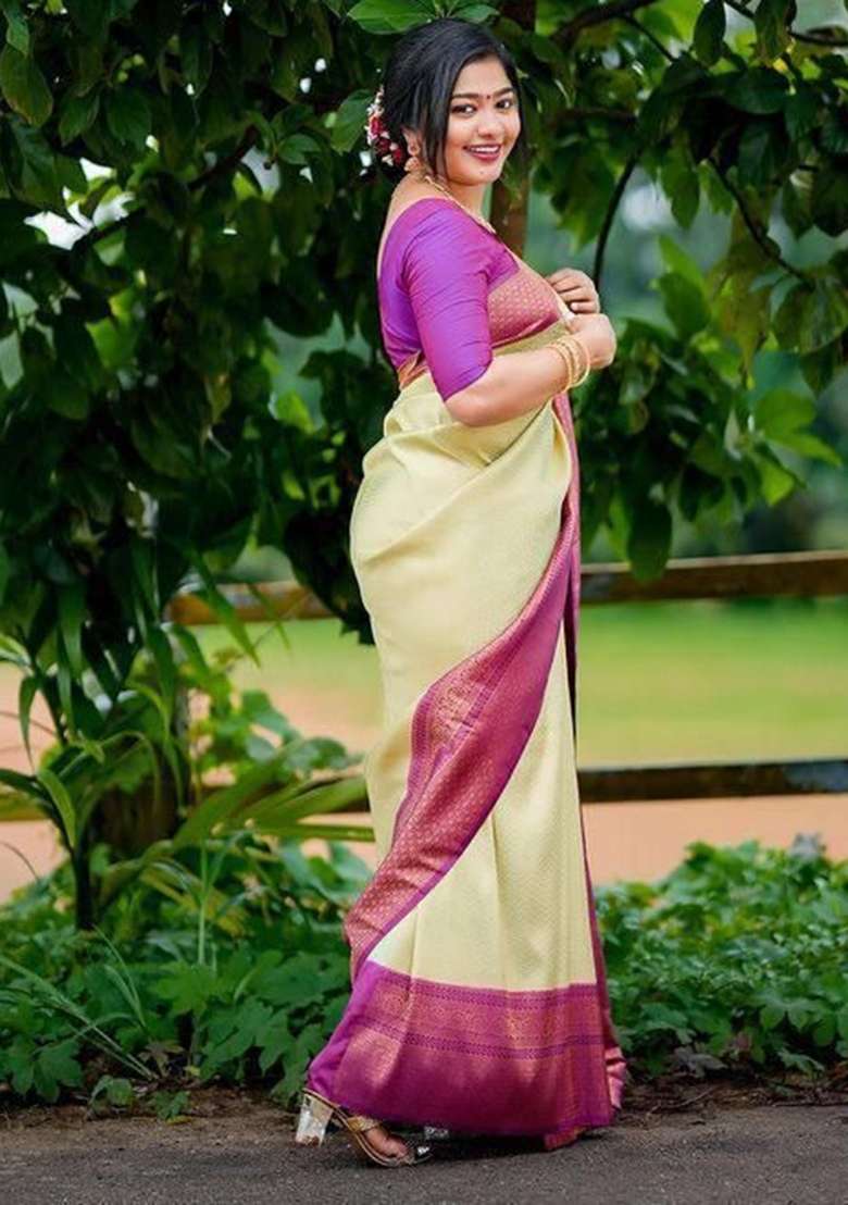 Golden Jacquard Work Silk Blend Saree Set for Diwali | Wedding & Festive Wear - Indya
