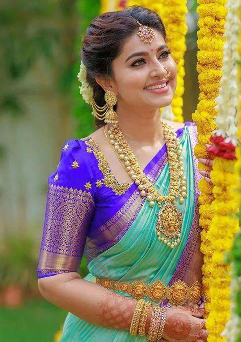 Aqua Green Jacquard Work Silk Saree Set - Indya