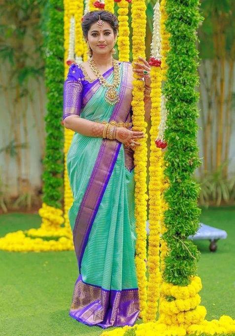 Aqua Green Jacquard Work Silk Saree Set