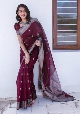 Wine Jacquard Work Silk Saree Set