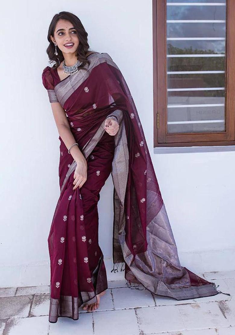 Wine Jacquard Work Silk Saree Set