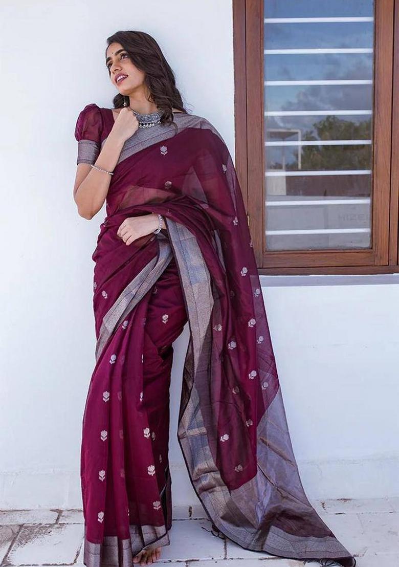 Wine Jacquard Work Silk Saree Set