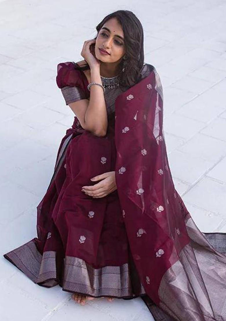 Wine Jacquard Work Silk Saree Set