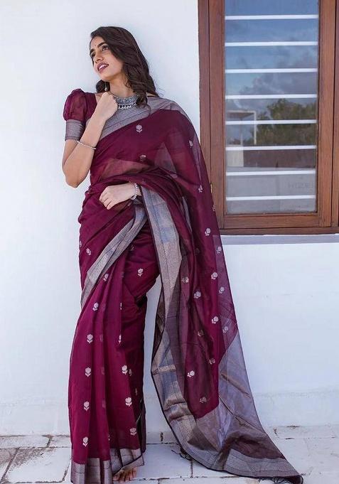 Wine Jacquard Work Silk Saree Set