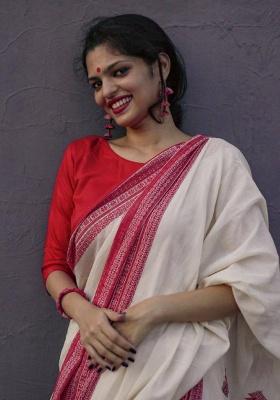 White Slab Weaving Work Silk Saree Set