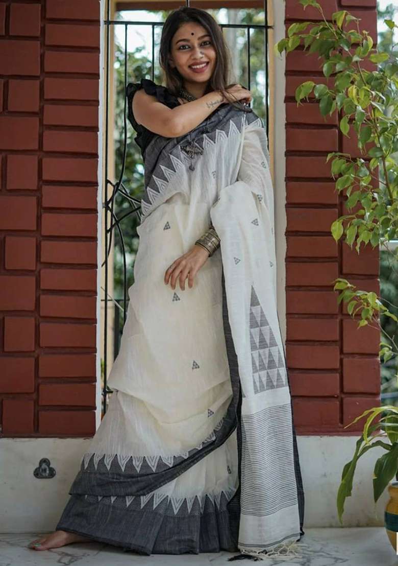 White Slab Weaving Work Silk Blend Saree Set for Diwali and Festive Wear - Indya