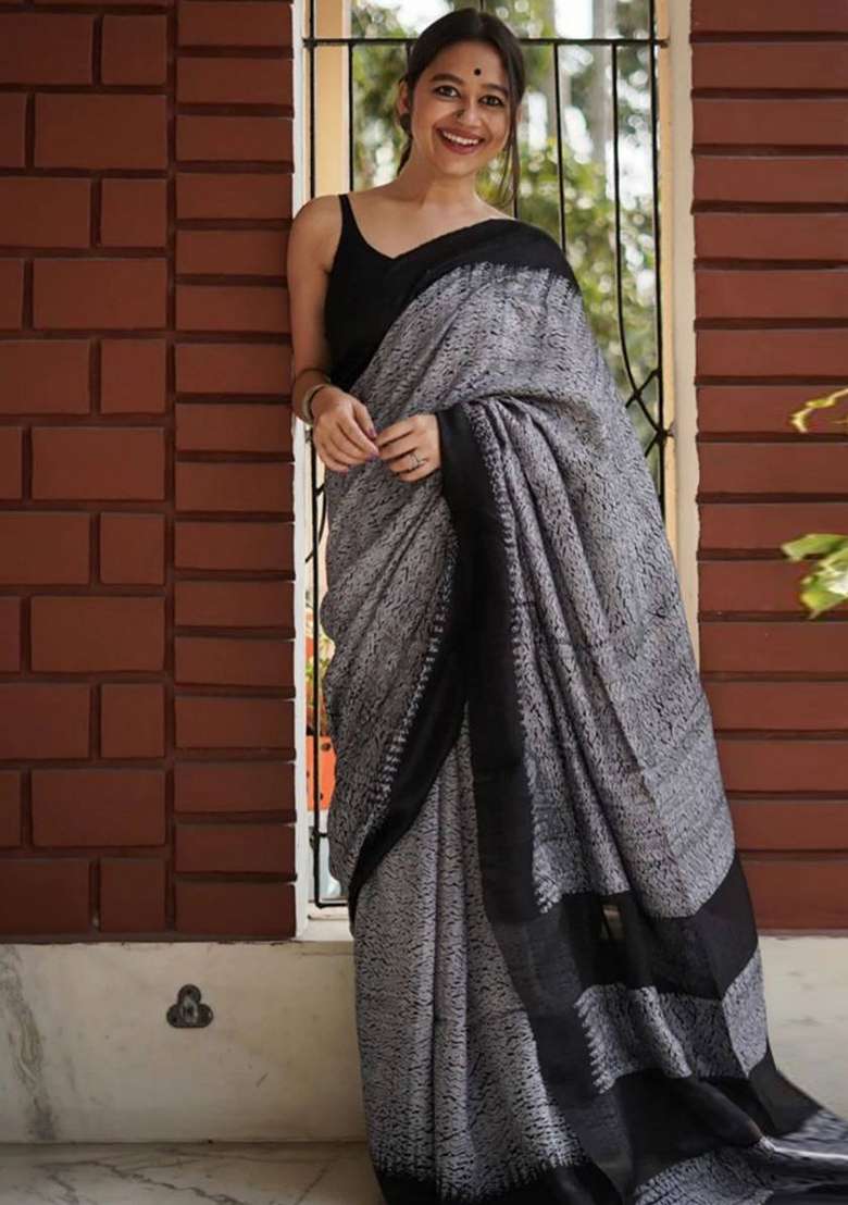Grey Slab Weaving Work Silk Blend Saree Set for Diwali and Festive Wear - Indya