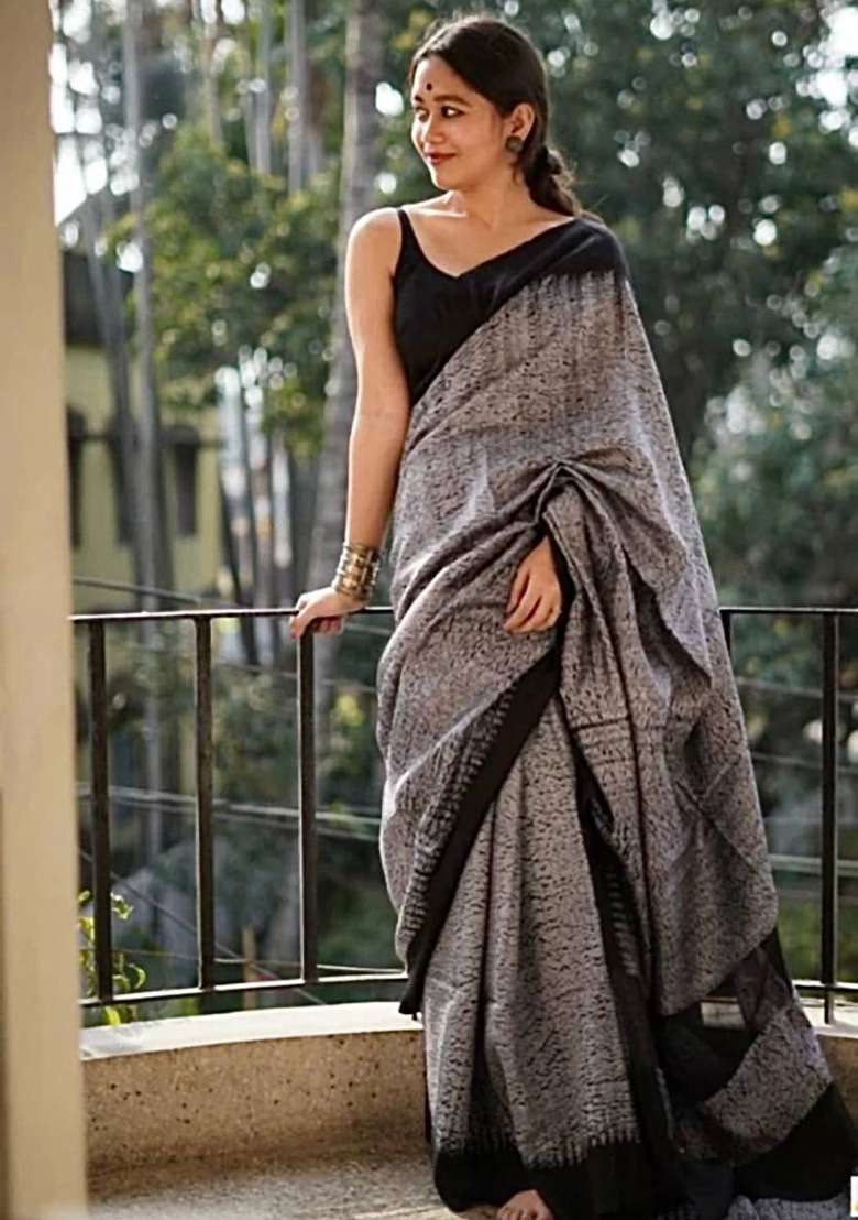 Grey Slab Weaving Work Silk Blend Saree Set for Diwali and Festive Wear - Indya