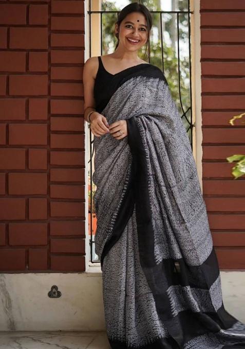 Grey Slab Weaving Work Silk Saree Set
