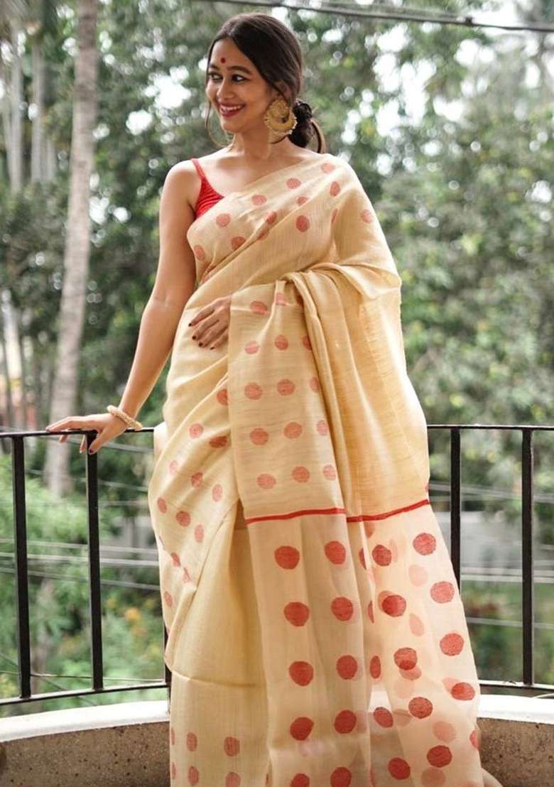 Cream Slab Weaving Work Silk Blend Saree Set for Diwali | Wedding & Festive Wear - Indya