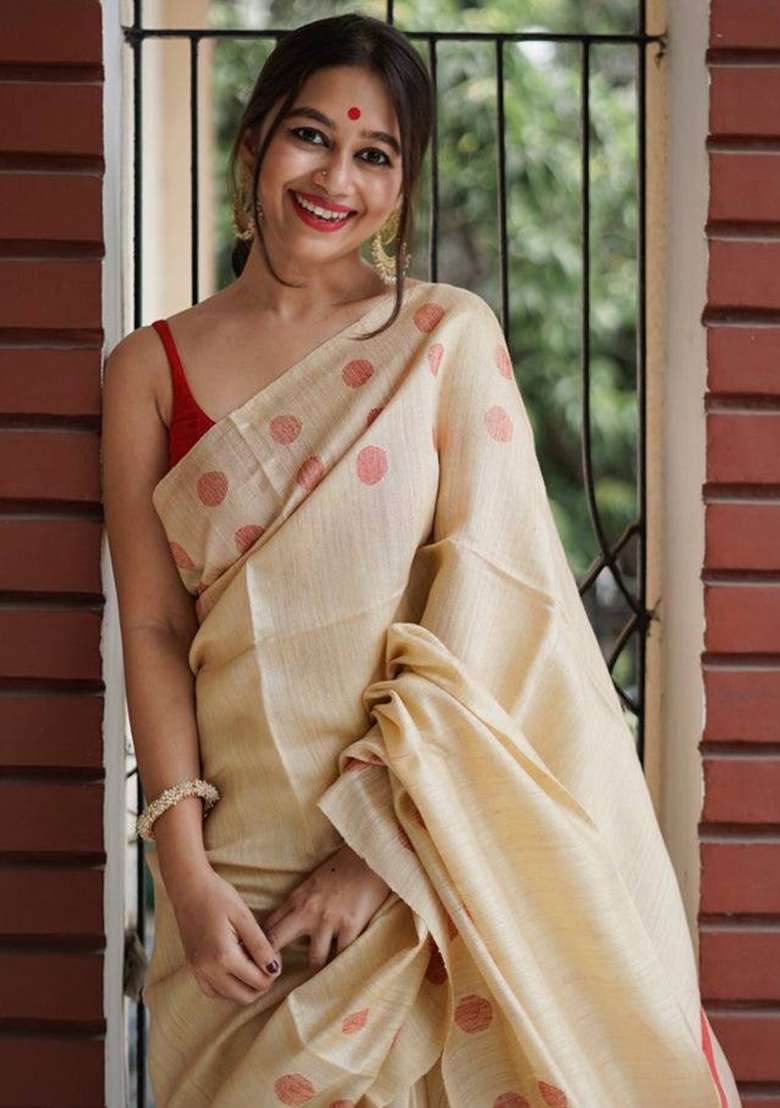 Cream Slab Weaving Work Silk Blend Saree Set for Diwali | Wedding & Festive Wear - Indya