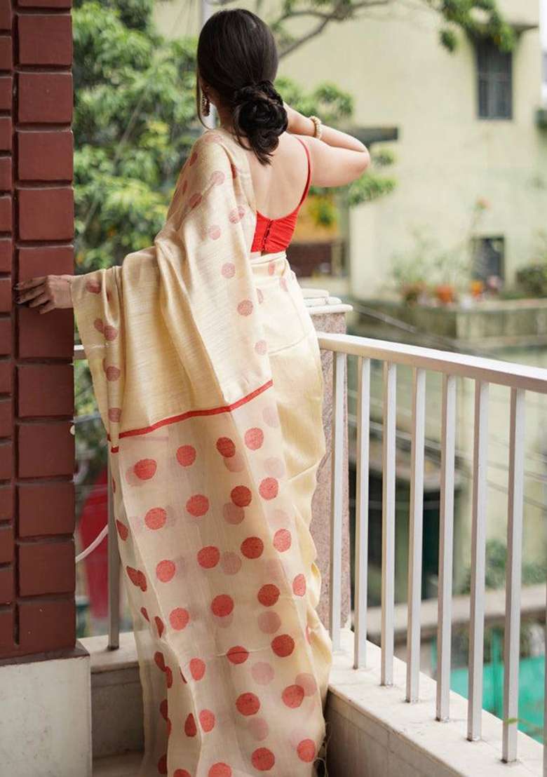 Cream Slab Weaving Work Silk Blend Saree Set for Diwali | Wedding & Festive Wear - Indya