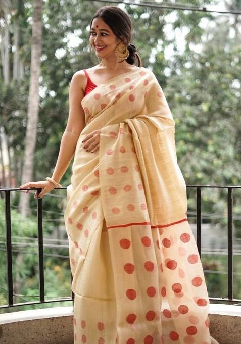 Cream Slab Weaving Work Silk Saree Set