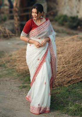 White Slab Weaving Work Silk Saree Set