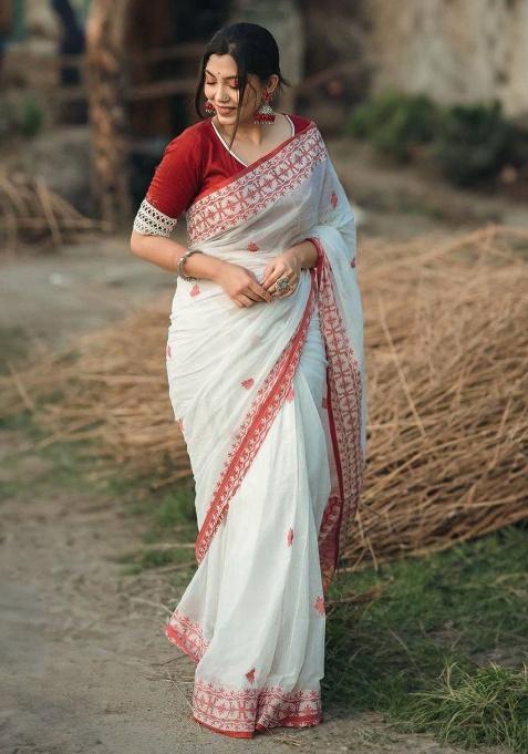 White Slab Weaving Work Silk Saree Set
