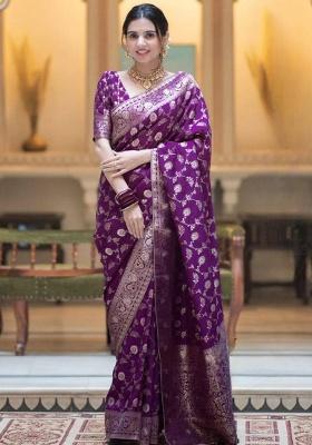 Purple Jacquard Work Silk Saree Set