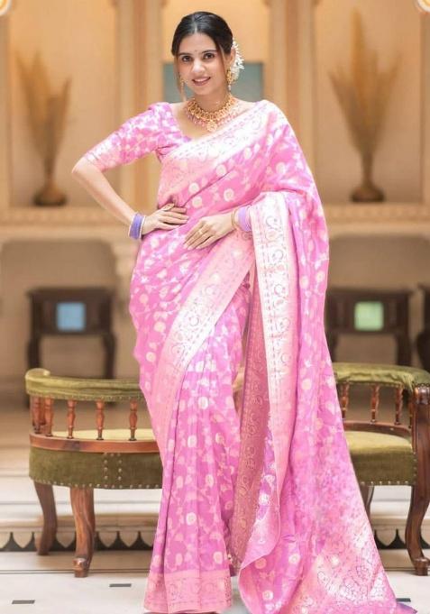 Baby Pink Jacquard Work Silk Saree Set