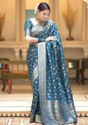 Petrol Jacquard Work Silk Saree Set