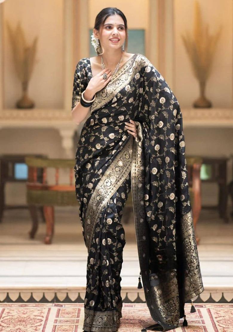Black Jacquard Work Silk Saree Set - Indya