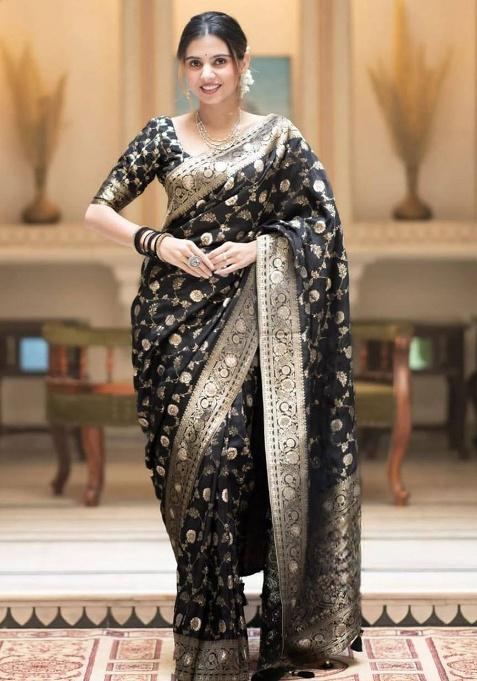 Black Jacquard Work Silk Saree Set
