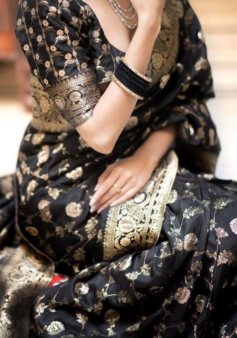 Black Jacquard Work Silk Saree Set