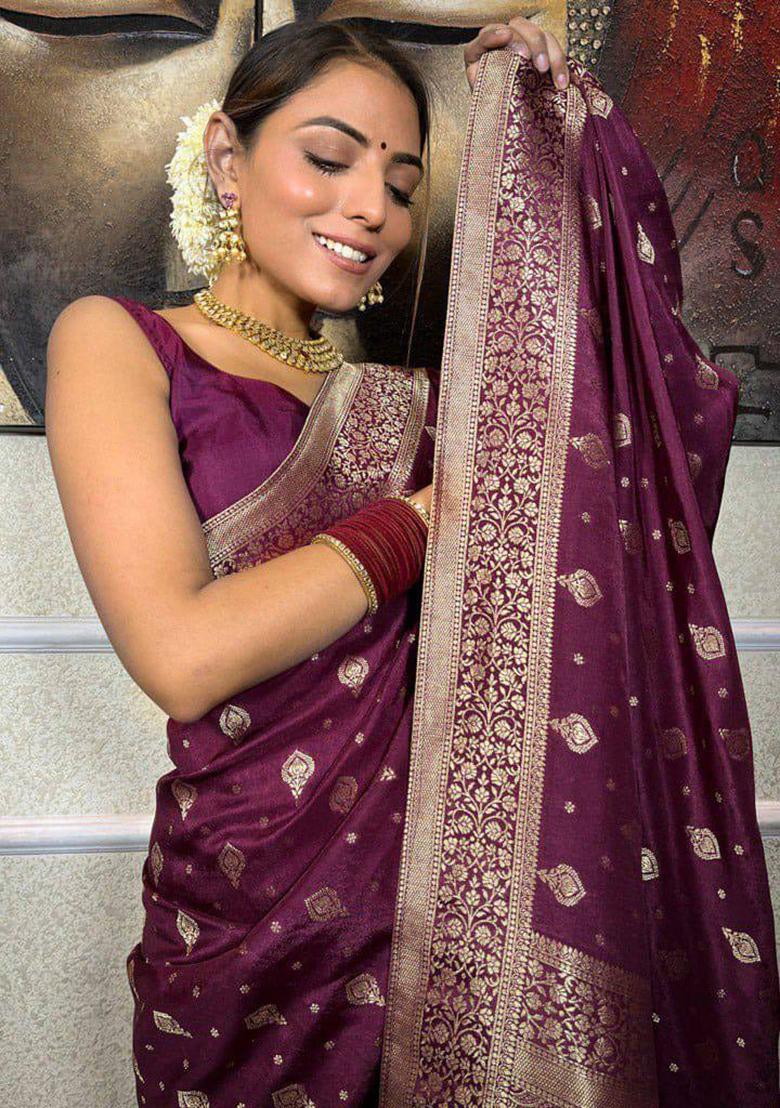 Wine Jacquard Work Silk Saree Set