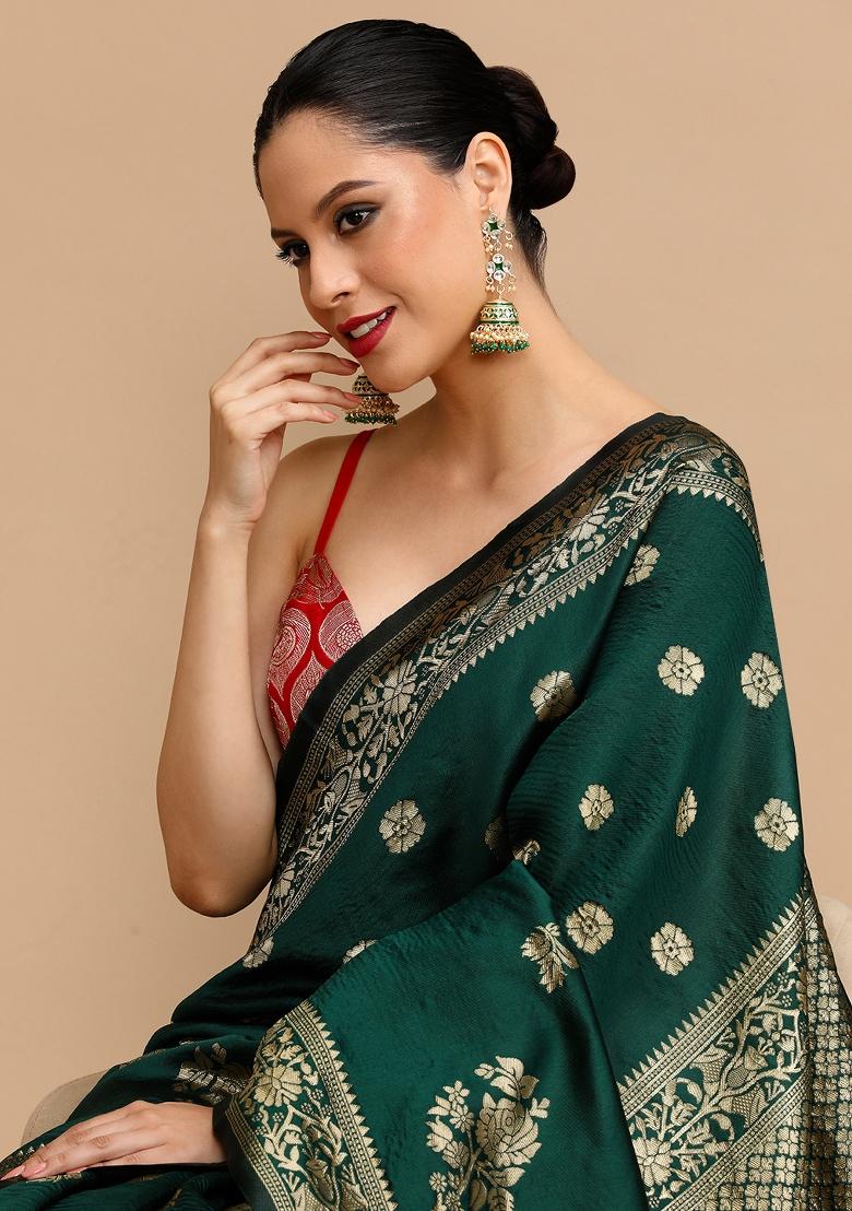 Green Jacquard Work Silk Saree Set - Indya