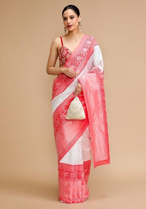 White Jacquard Work Silk Saree Set