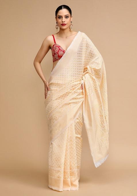 Cream Jacquard Work Silk Saree Set
