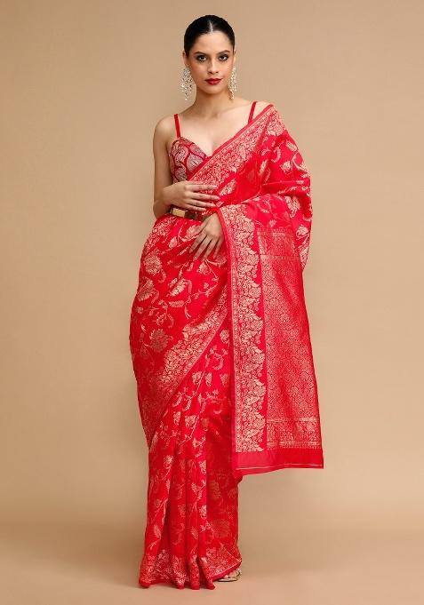 Red Jacquard Work Silk Saree Set