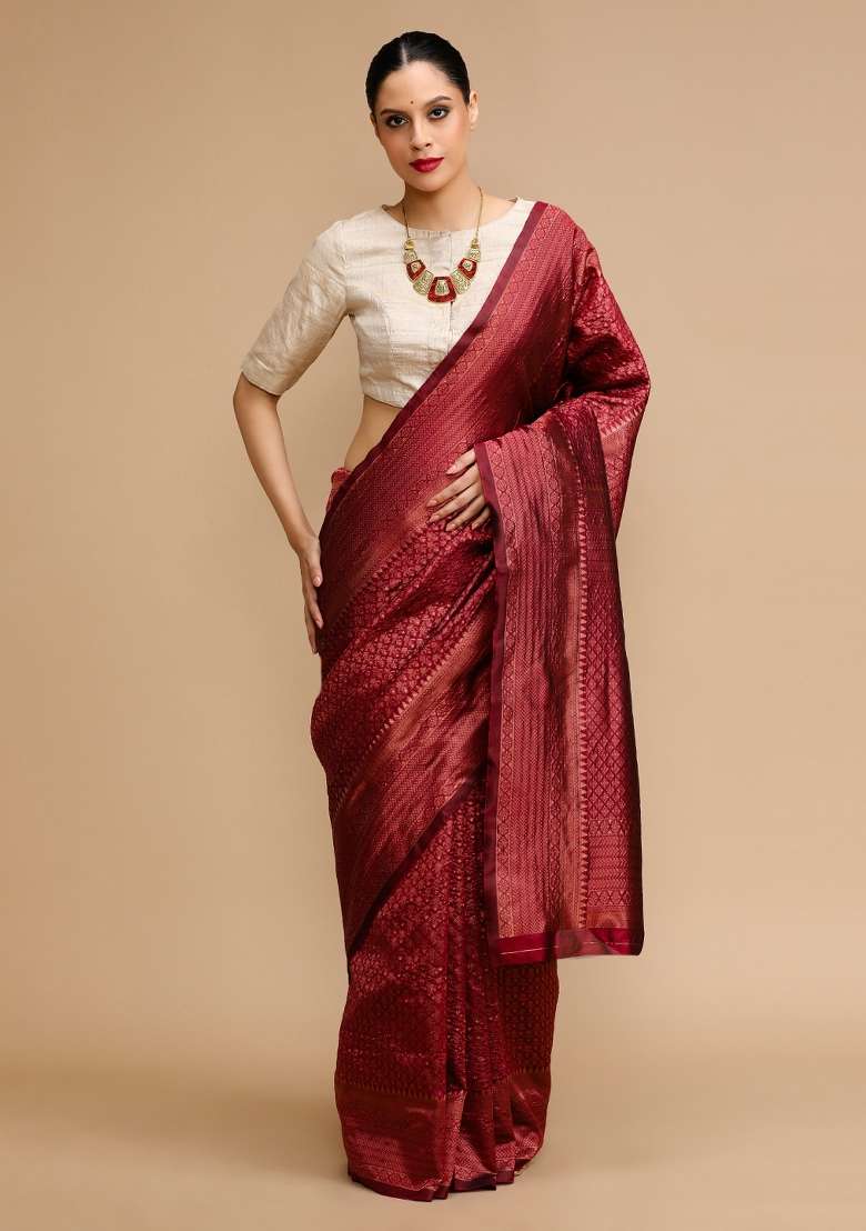 Maroon Embroidered Silk Blend Saree Set for Diwali and Festive Wear - Indya
