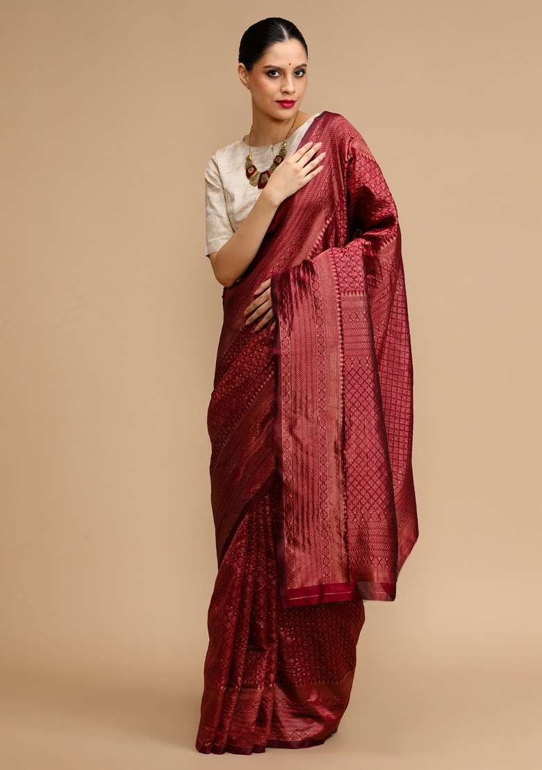 Maroon Embroidered Silk Blend Saree Set for Diwali and Festive Wear - Indya