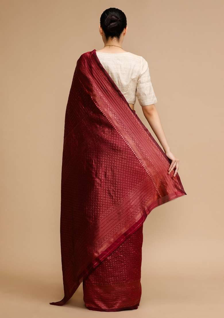 Maroon Embroidered Silk Blend Saree Set for Diwali and Festive Wear - Indya