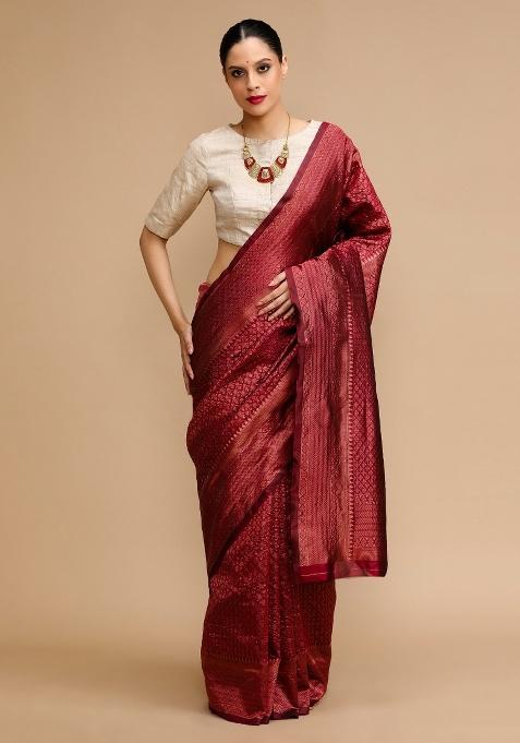 Maroon Embroidered Silk Saree Set