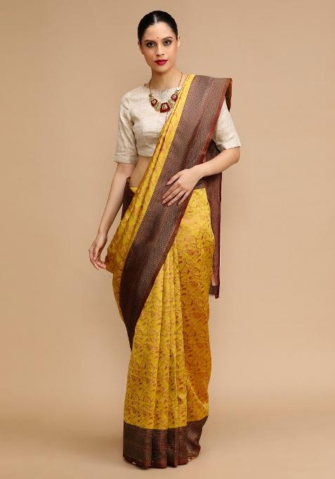 Yellow Embroidered Silk Saree Set