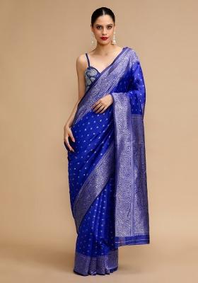 Blue Embroidered Silk Saree Set