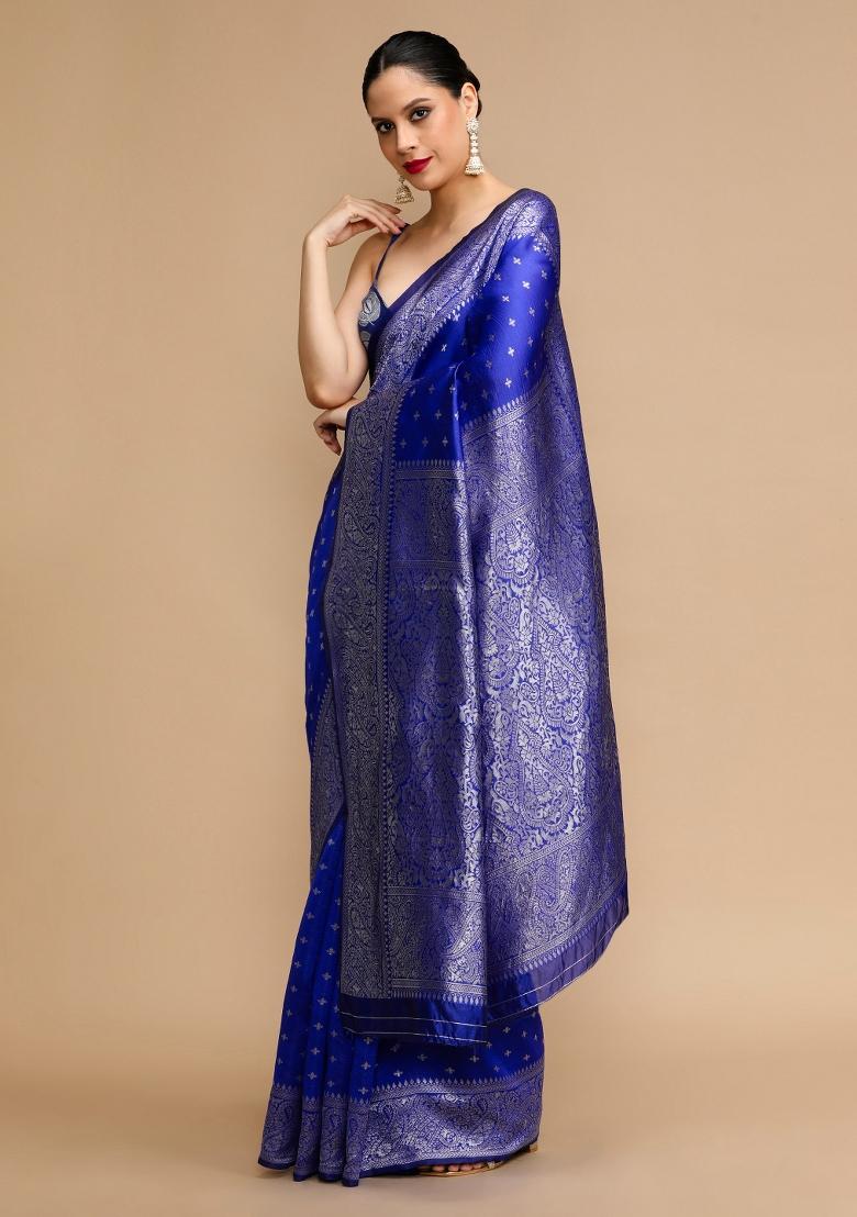 Blue Embroidered Silk Saree Set - Indya