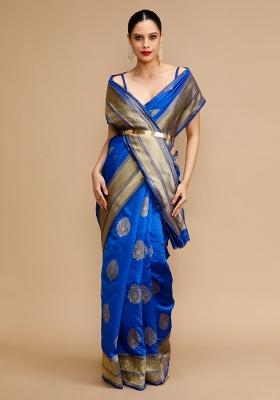 Blue Embroidered Silk Saree Set
