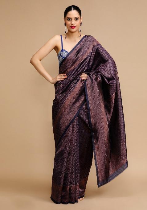 Blue Embroidered Silk Saree Set