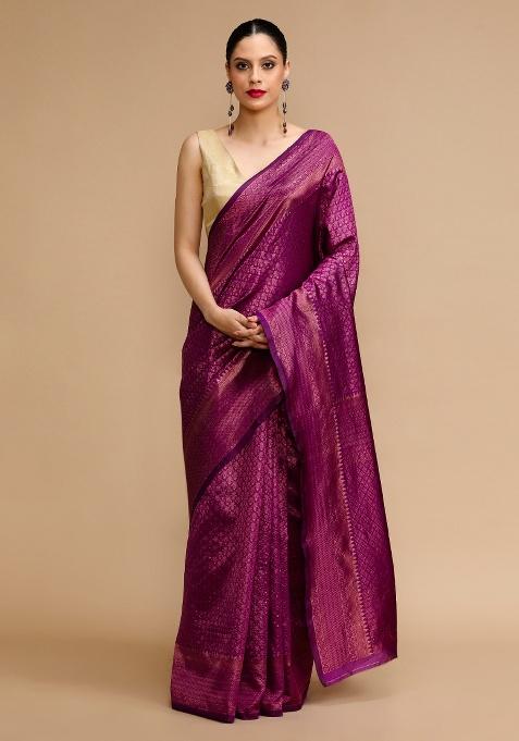 Purple Embroidered Silk Saree Set